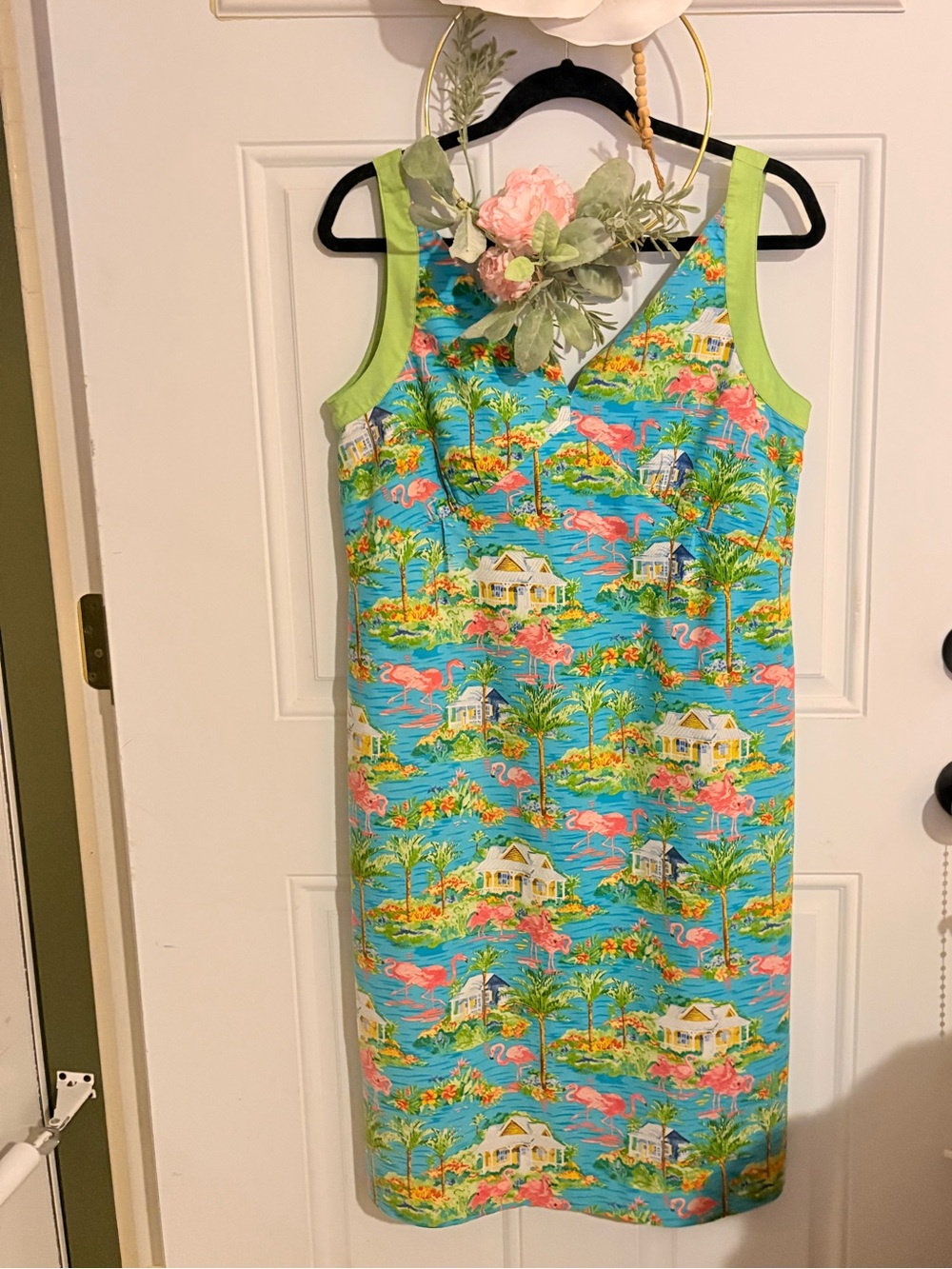 🌴 VINTAGE-Sharon Young Tropical Flamingo Island Print Sundress — Size 12–14